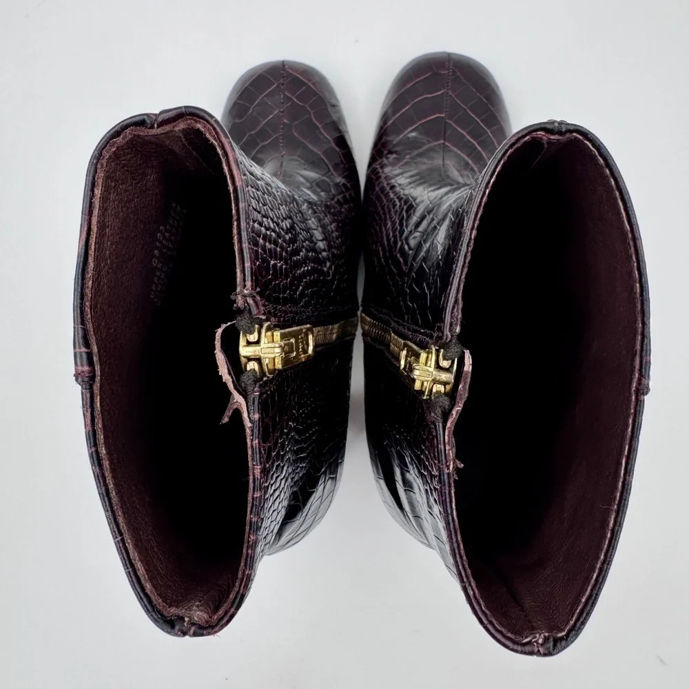 EUC J. Crew Stamped Croc Zip Women's Brown Leather Ankle Booties - Size‎ 5.5